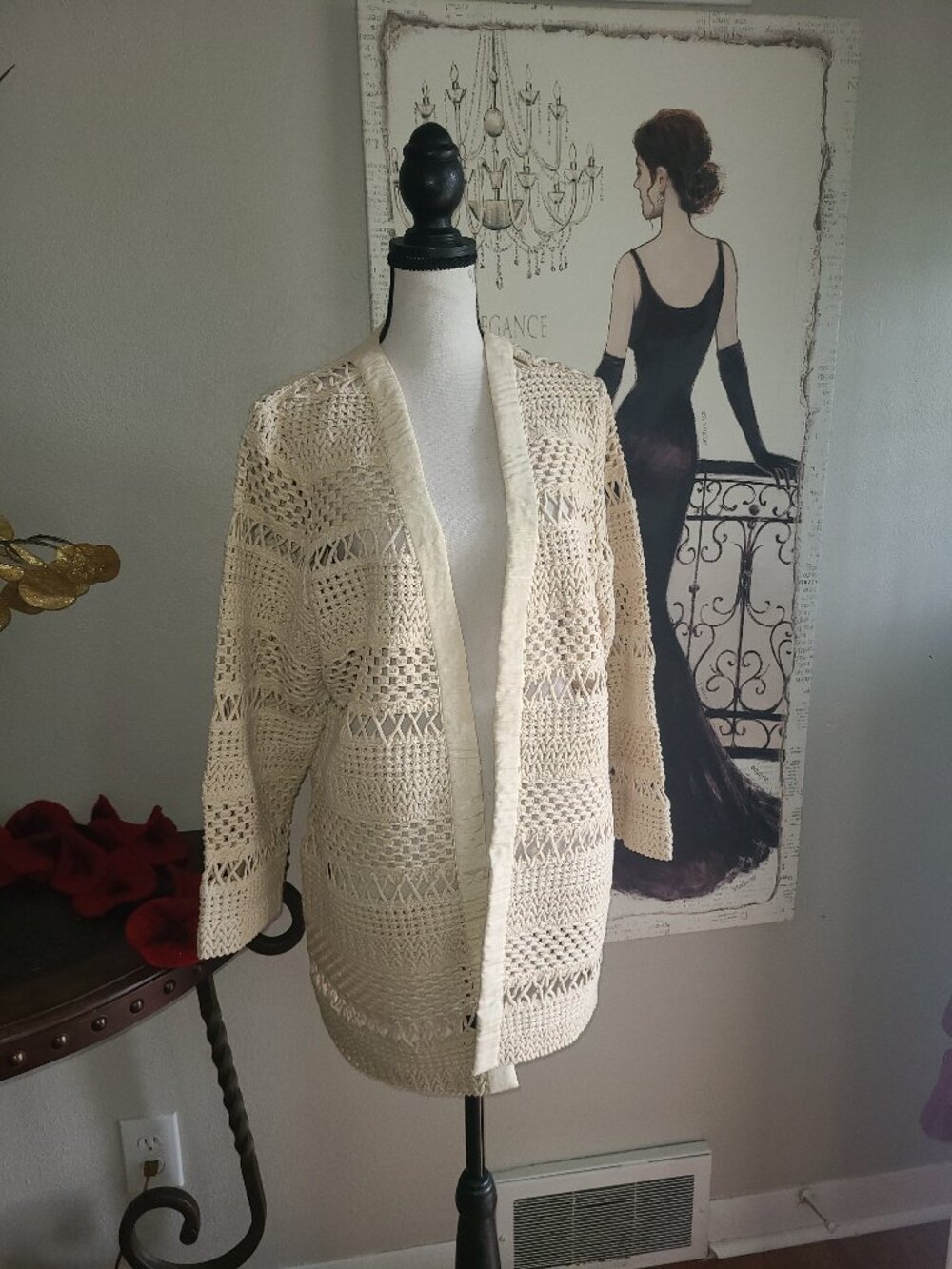 Chico's Open Weave Long Open Front Jacet 100 Cotton SZ 2 or Large Antique White